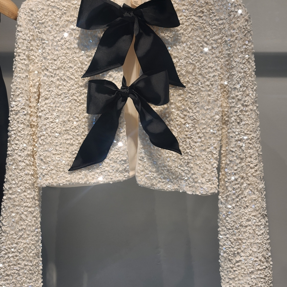 H&M Tie-front Sequined Jacket Off White/black bow sz S, M. BNWT - Picture 7 of 10